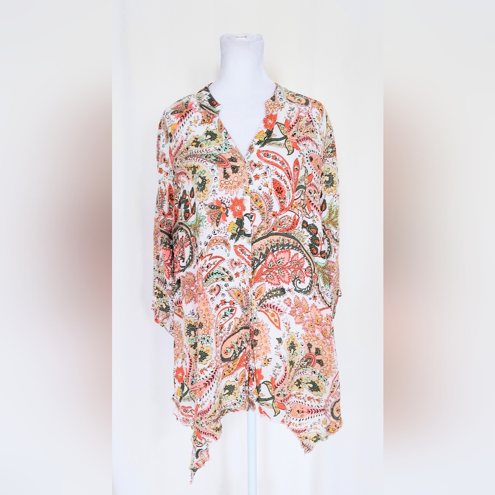 Grand & Greene Long Sleeve V Neck Paisley Button Down Shirt Womens Large